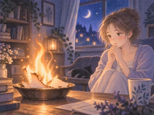 火をつけたあと炎を見つめて戸惑う大人の女性