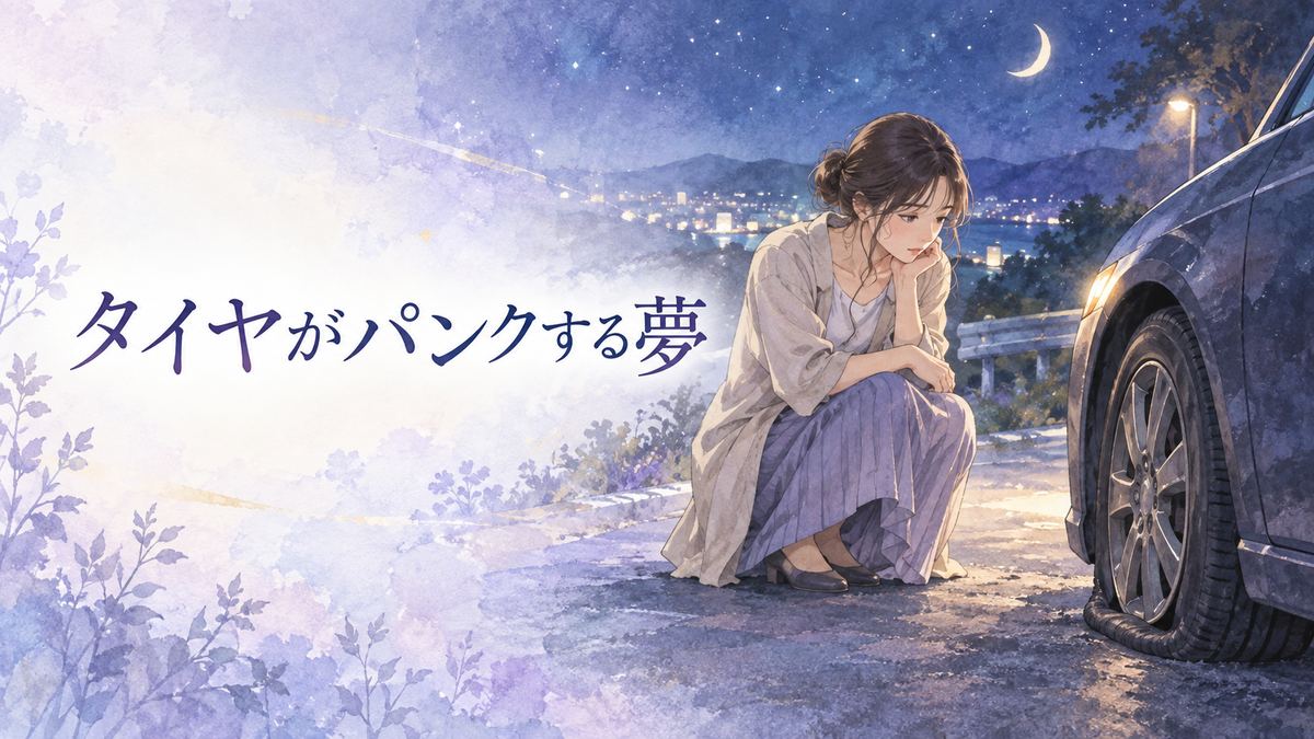 夜道のパンクした車を見つめる大人の女性