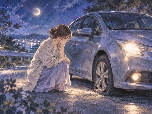 夜道で前輪がパンクして停車した車