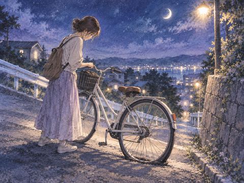 夜道でタイヤがパンクした自転車