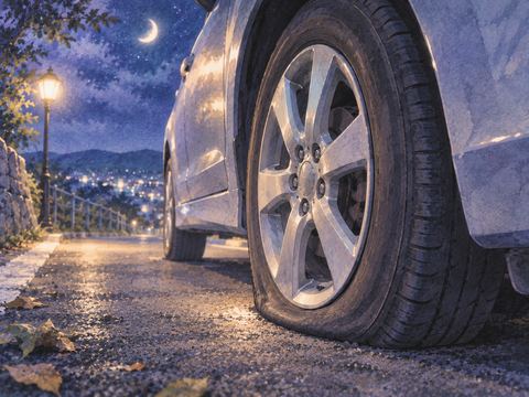 空気が抜けて少しつぶれた車のタイヤ