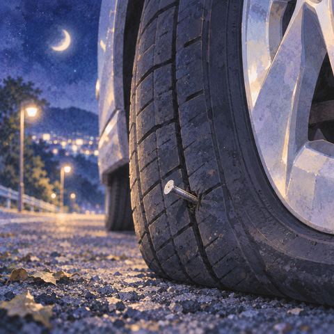 くぎが一本刺さった車のタイヤ