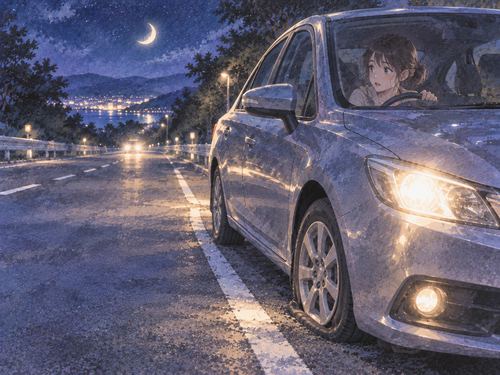 夜道で突然パンクして停車する車