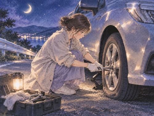 夜の路肩でパンクしたタイヤを修理する手元