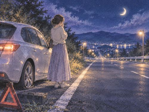 パンクした車が静かな夜道で立ち往生する場面