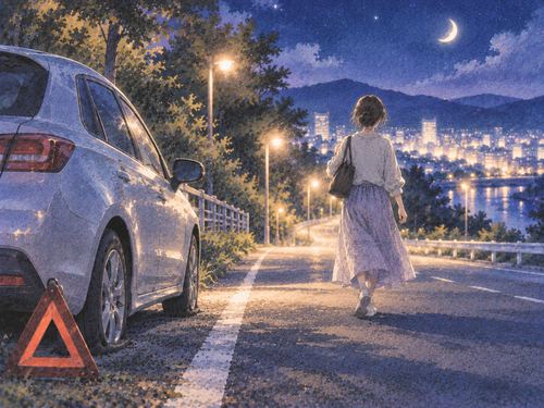 パンクした車を残して夜道を先へ歩く人物