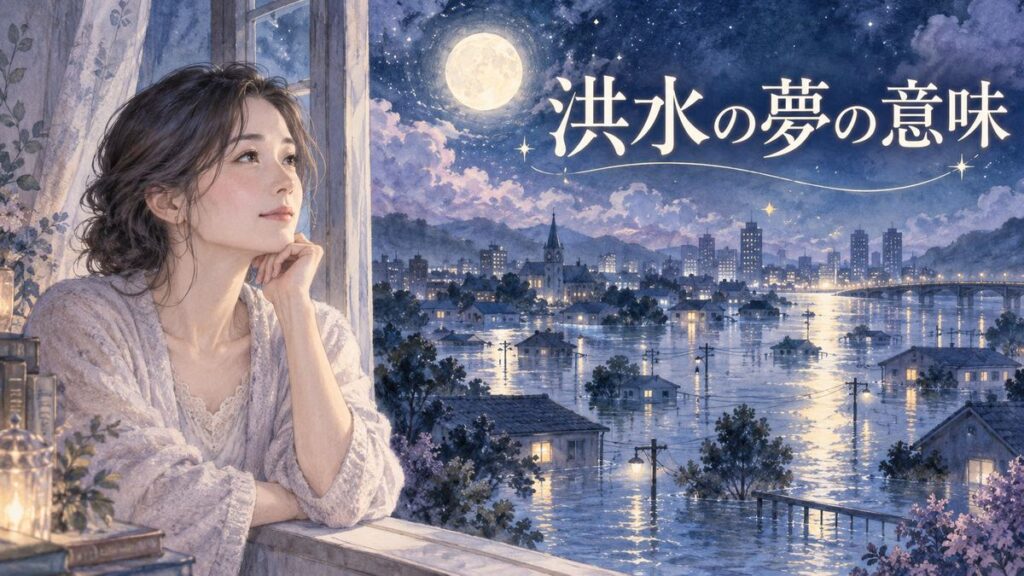 月明かりの夜に窓辺で洪水の夢を思い返す大人の女性と、水に覆われた街の夢の光景