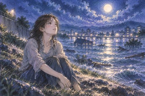 洪水を抜けて安全な岸辺にたどり着き夜空を見上げる人物