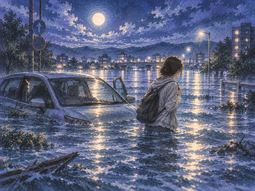 夜の洪水で水に囲まれた車と、その外へ出た人物