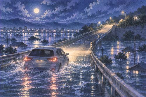 夜の洪水の道路を車で高い方向へ走り抜ける夢の場面