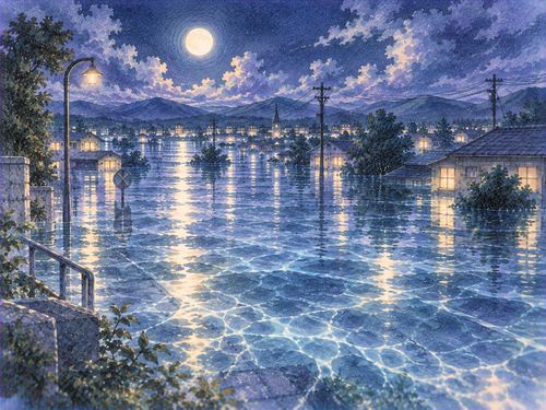 月明かりを映して澄んだ水面が広がる夜の洪水の夢