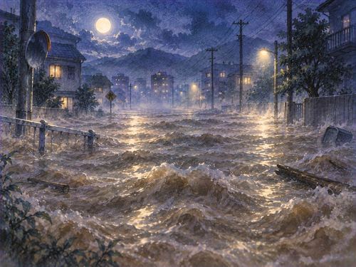 泥を含んだ濁った洪水が夜の街路を覆っている夢の光景