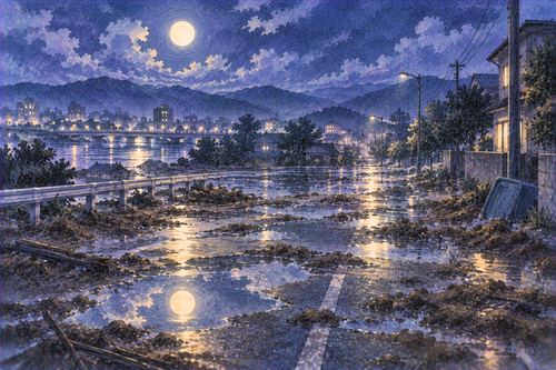 洪水が引いた夜の街に水たまりと月明かりが残る夢の景色