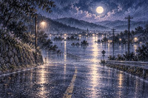 夜の大雨の中で道路に水が広がり始める幻想的な景色