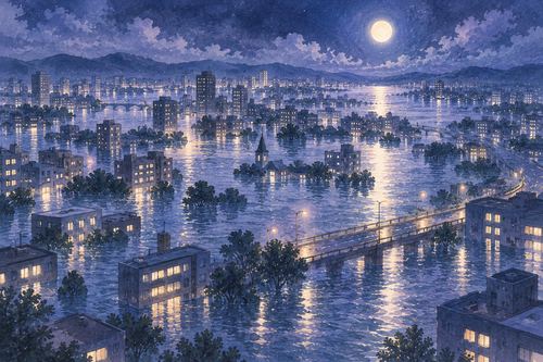 夜の街全体が静かな水に覆われ、建物の灯りが水面に映る夢の光景