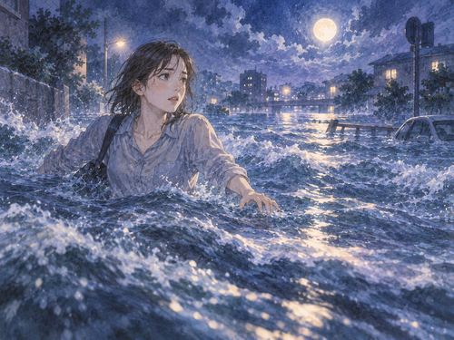 腰ほどの水の中で洪水の流れに囲まれて立つ人物の夢の場面