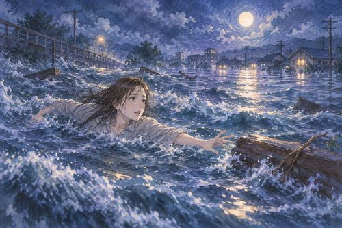 強い洪水の流れに身体を流されながら手を伸ばす人物の夢の場面