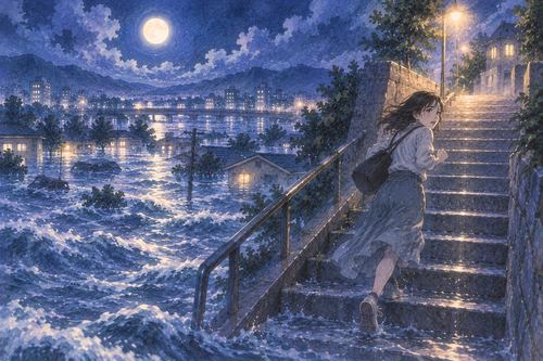 夜の洪水から高い場所へ走って離れようとする人物の夢の場面