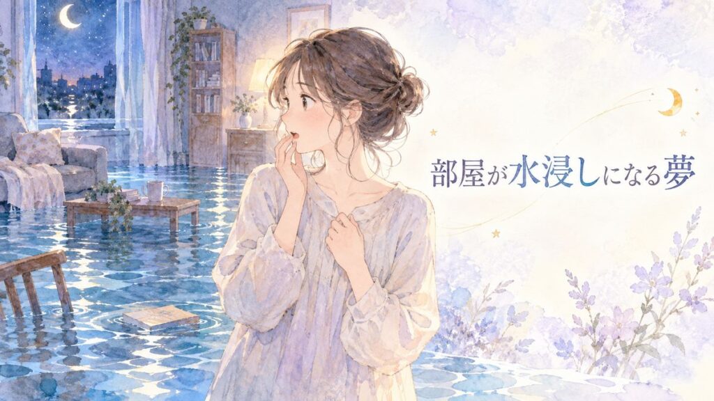 水浸しの部屋を見つめる大人の女性