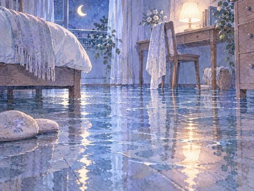 床に浅く水が広がった夜の部屋