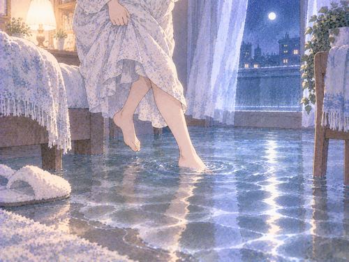 冷たい水に足を触れて身を引く女性