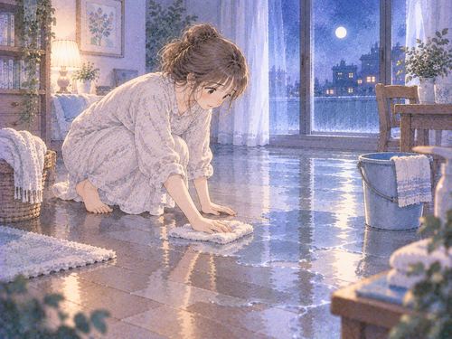 水浸しの床を拭いている女性