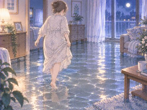浅い水の中を歩く女性の足元