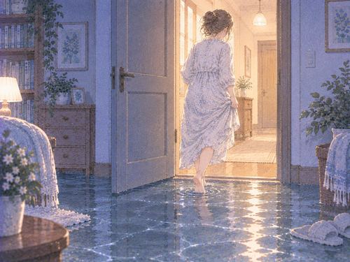 水浸しの部屋から廊下へ出る女性