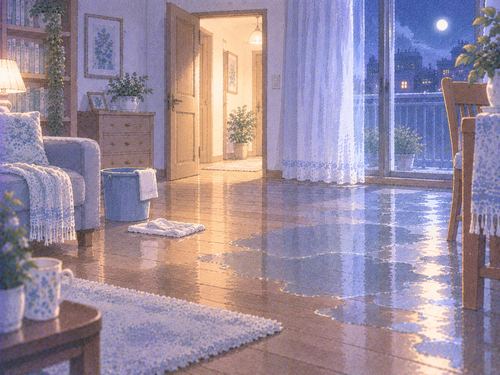 床に水が残った静かな夜の部屋