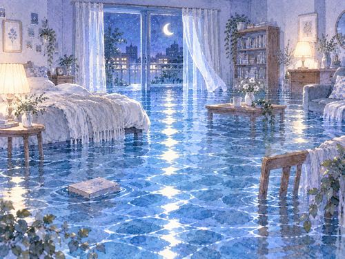 水でいっぱいになった夜の部屋