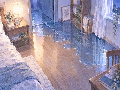 隅から少しずつ水が広がる部屋