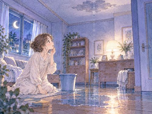 天井の水漏れで床が濡れた部屋