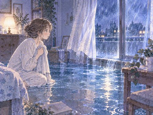 大雨が窓から入り水浸しになった部屋