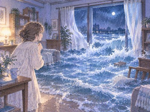 洪水の水が流れ込んだ夜の部屋