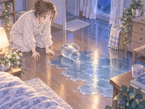 倒れた容器から水が床へ広がる部屋