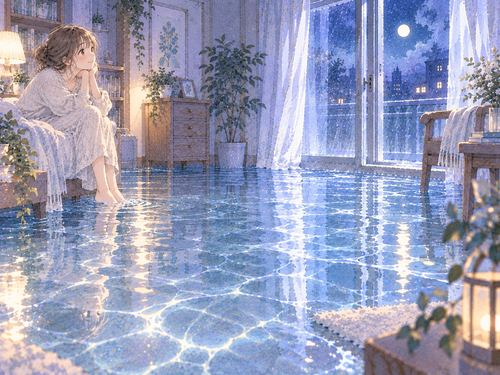 透明な水が光を映す水浸しの部屋