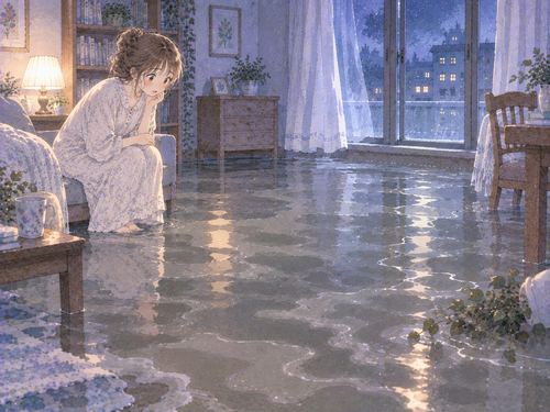 濁った水が床に広がる夜の部屋