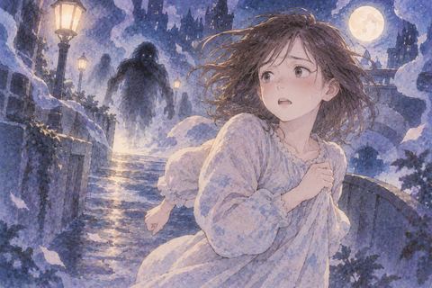 夜道で正体の分からない影から逃げる女性