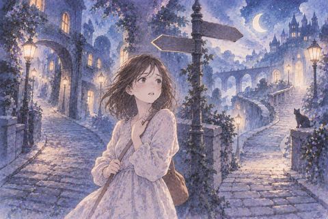 見知らぬ夜の街で道を探す女性