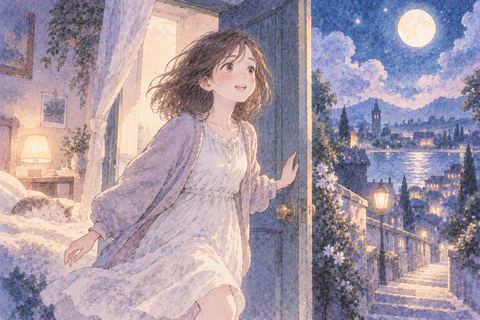 元気に夜の外へ歩き出す女性