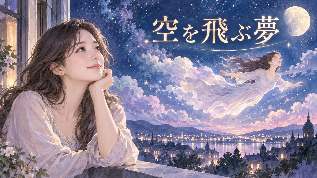 夜空を見上げる大人の女性と空を飛ぶ自分の夢のイメージ
