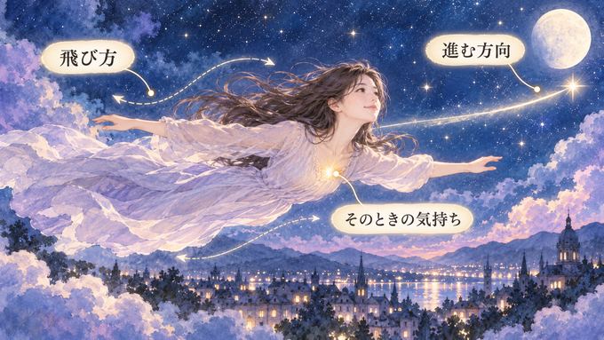 夜空を飛ぶ女性と進む方向や気持ちを振り返る図
