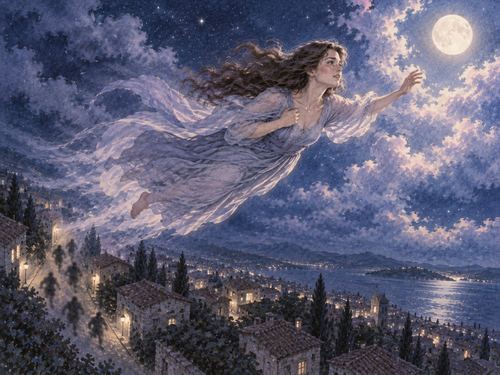 背後の気配から離れるため夜空へ飛び上がる女性