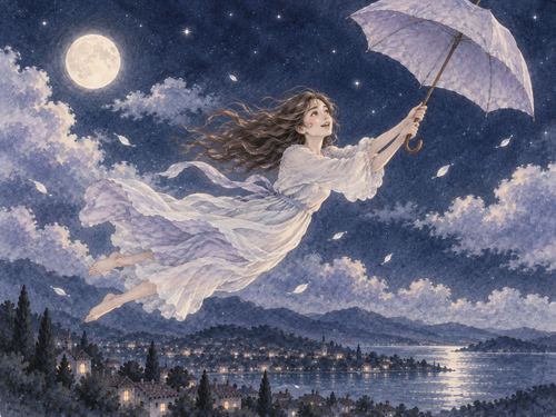 開いた傘に持ち上げられて夜空を飛ぶ女性
