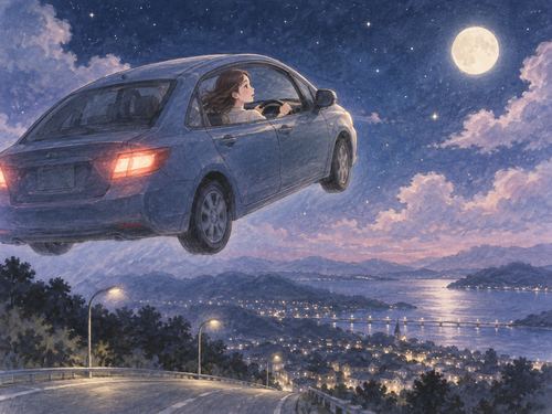 大人の女性が運転する車が夜空を飛んでいる場面