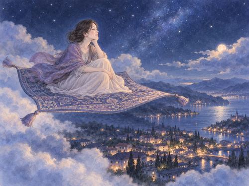 空飛ぶ絨毯に座って夜景を眺める女性
