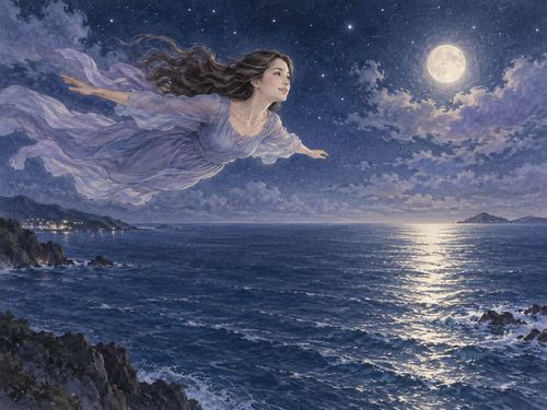 穏やかな夜の海の上を飛ぶ女性