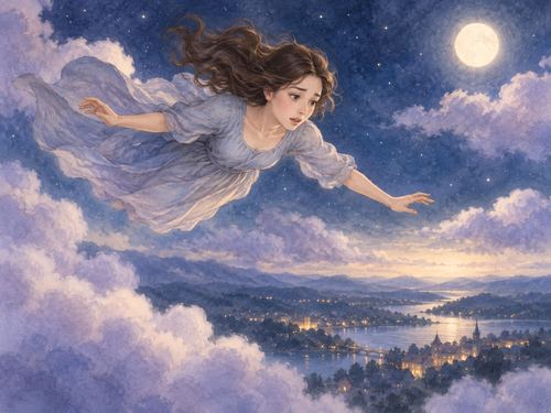夜空を飛んでいた女性が高度を失い始める場面