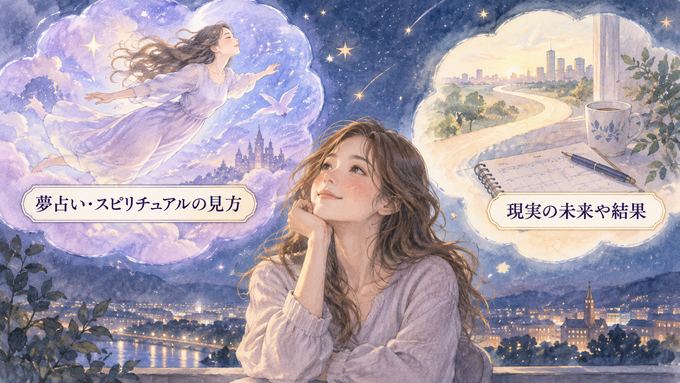 空を飛ぶ夢の象徴と未来の結果を分けて考える女性の図