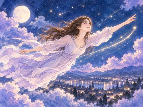自分で進む方向を決めながら夜空を飛ぶ女性